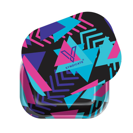 Roll N Go Small Retro storage tin with SYNDICATE and V logo, features 80s-style geometric print and a secure magnetic lid for portable organization.
