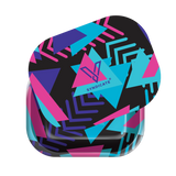 Roll N Go Small - Retro tin with geometric pattern, stylized “V” logo, magnetic lid; compact, durable metal tray for organizing smoking essentials.