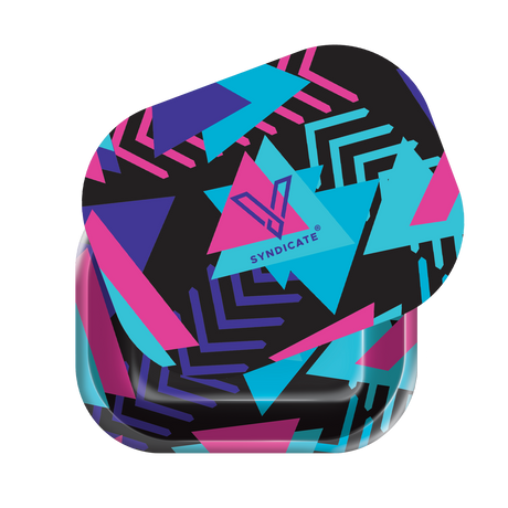 Roll N Go Small - Retro tin with geometric pattern, stylized “V” logo, magnetic lid; compact, durable metal tray for organizing smoking essentials.