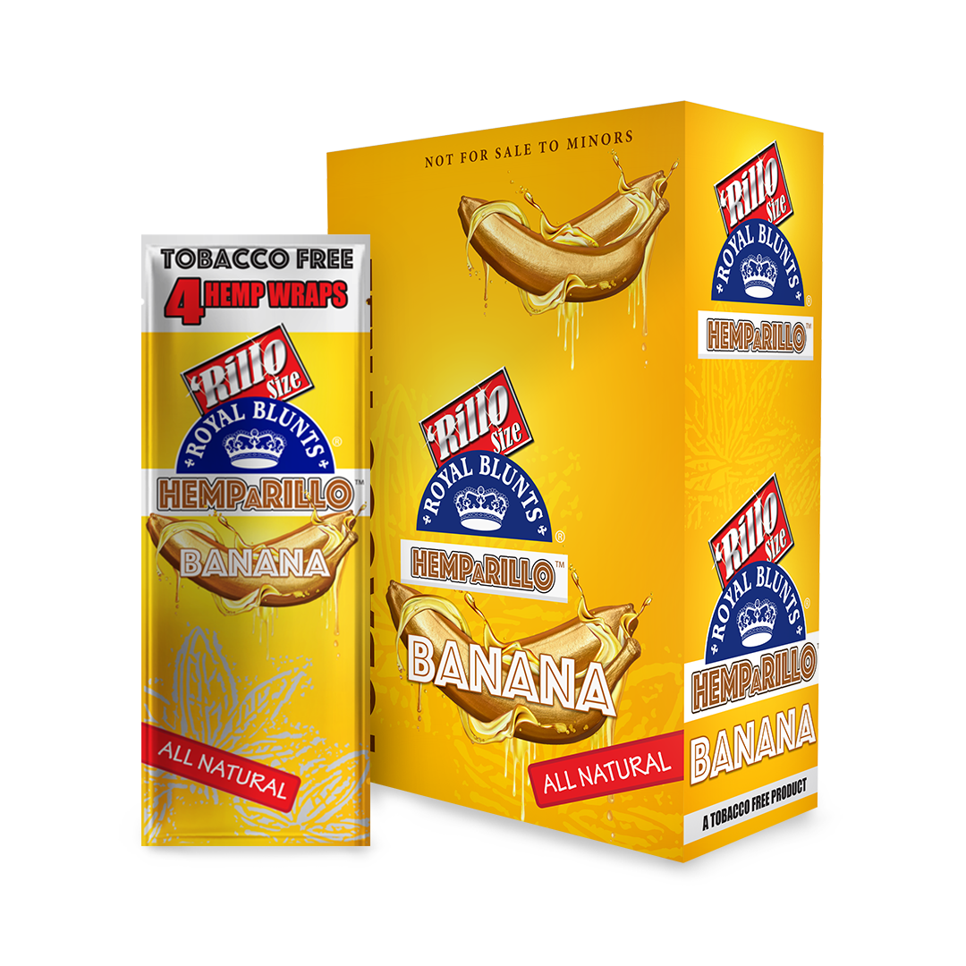 Hemparillo Wraps - Banana - Carton of 15, featuring a close-up of a resealable pack highlighting their banana flavor, hemp material, and tobacco-free nature.