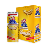 Hemparillo Wraps - Banana - Carton of 15, featuring a close-up of a resealable pack highlighting their banana flavor, hemp material, and tobacco-free nature.
