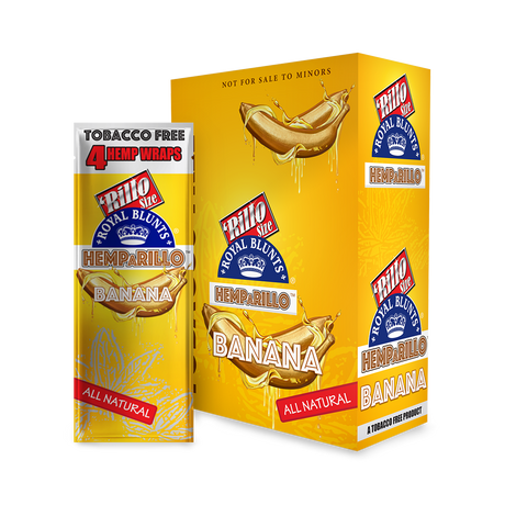 Hemparillo Wraps - Banana - Carton of 15, featuring a close-up of a resealable pack highlighting their banana flavor, hemp material, and tobacco-free nature.