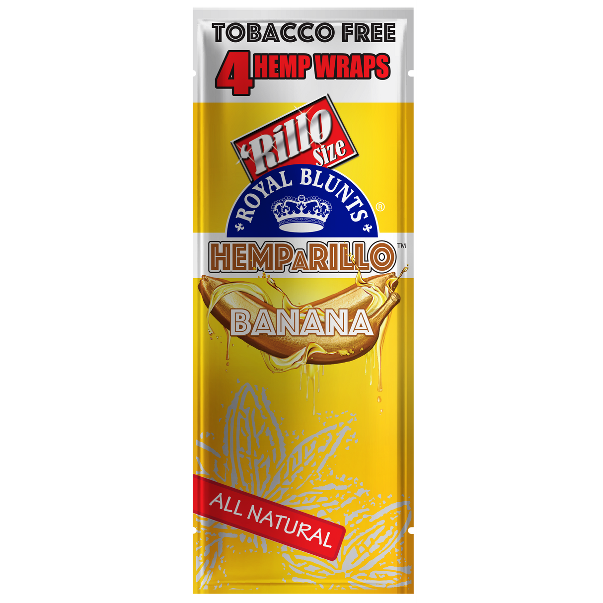 Hemparillo Wraps - Banana - Carton of 15, featuring a close-up of the logo and resealable packs, ideal for offering a tobacco-free, banana-flavored experience.