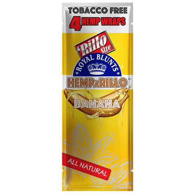Hemparillo Wraps - Banana - Carton of 15, featuring a close-up of the logo and resealable packs, ideal for offering a tobacco-free, banana-flavored experience.