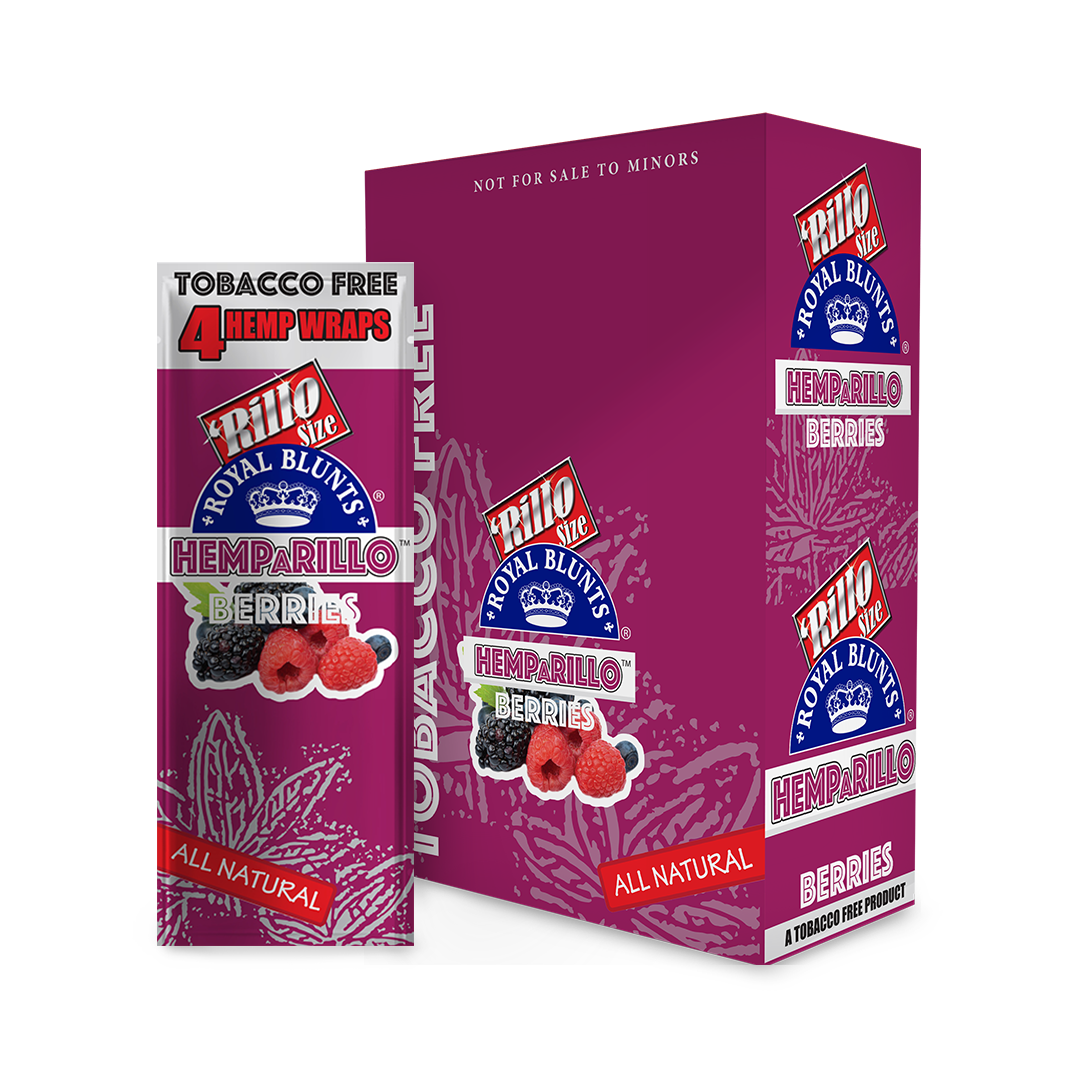 Hemparillo Wraps - Berries - Carton of 15, featuring hemp-based wraps with a mixed berry flavor, highlighted by close-up raspberry imagery on packaging.