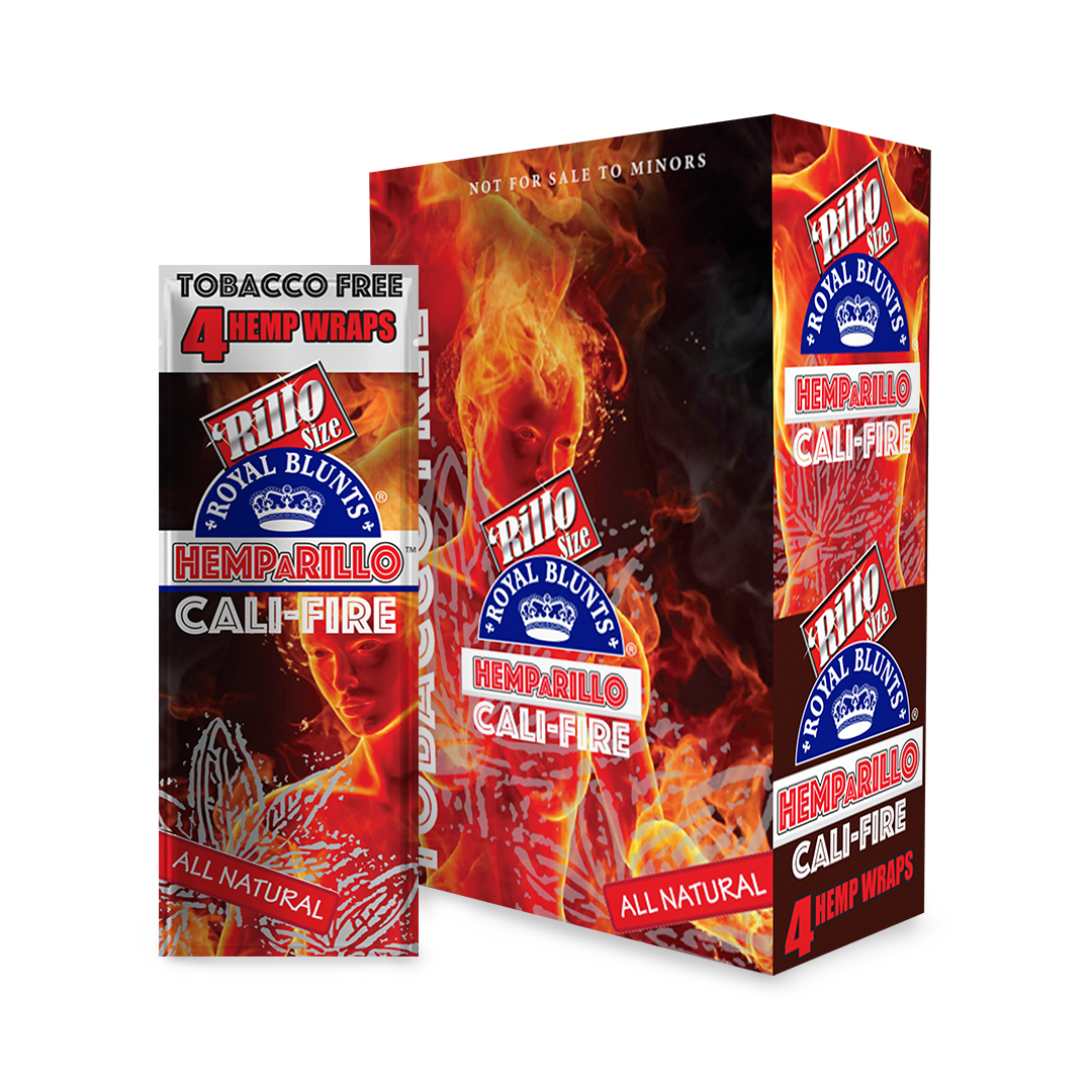 Hemparillo Wraps - Cali Fire - Carton of 15, featuring hemp-based, tobacco-free wraps designed for slow-burning, smooth pulls. Ideal for dispensaries and head shops.