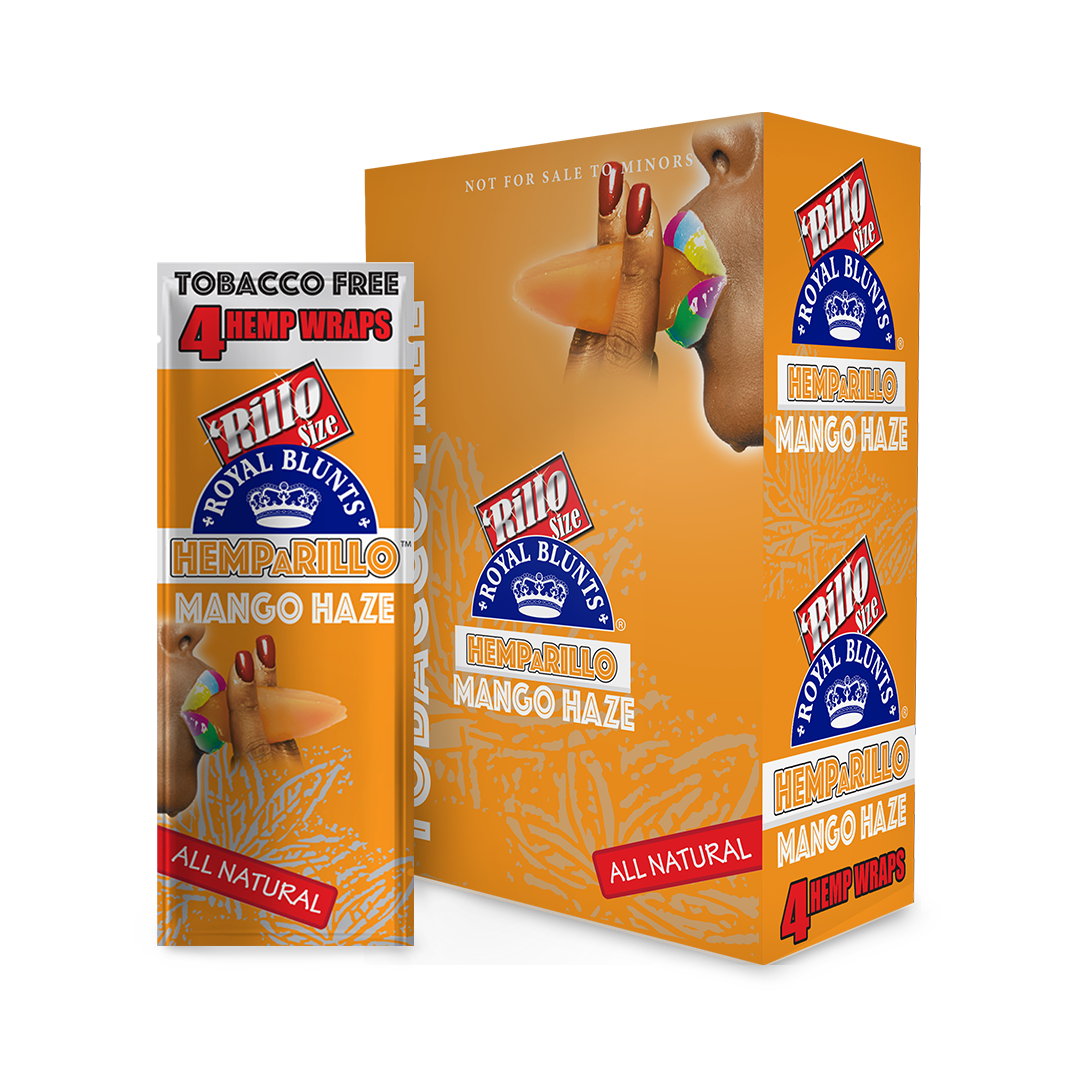 Hemparillo Wraps - Mango Haze - Carton of 15; box with mango-flavored hemp wraps, emphasizing slow burn and tropical taste. Ideal for dispensaries and head shops.