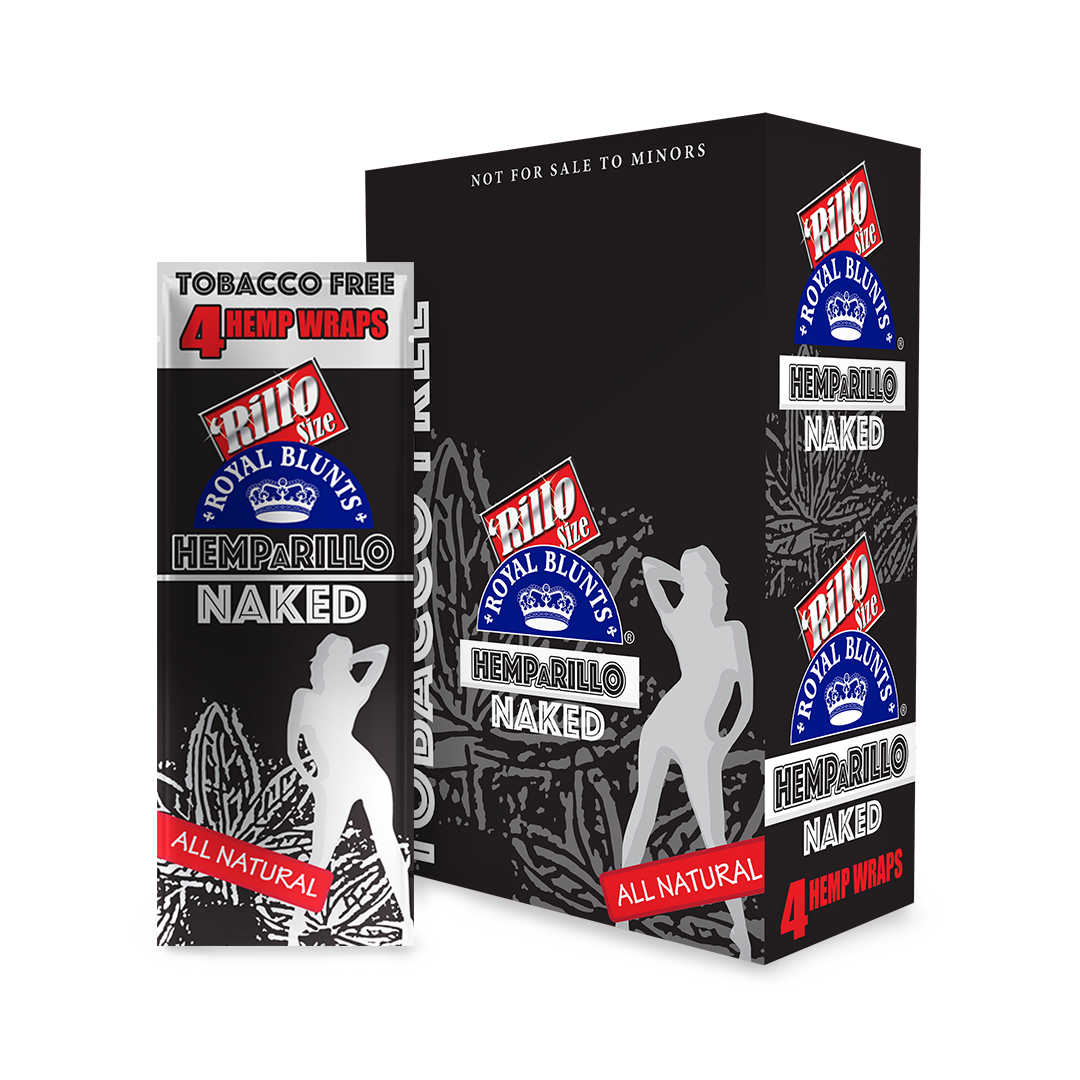 Hemparillo Wraps - Naked - Carton of 15; close-up of black and white logo on packaging, emphasizing unflavored hemp wraps for a pure smoking experience.