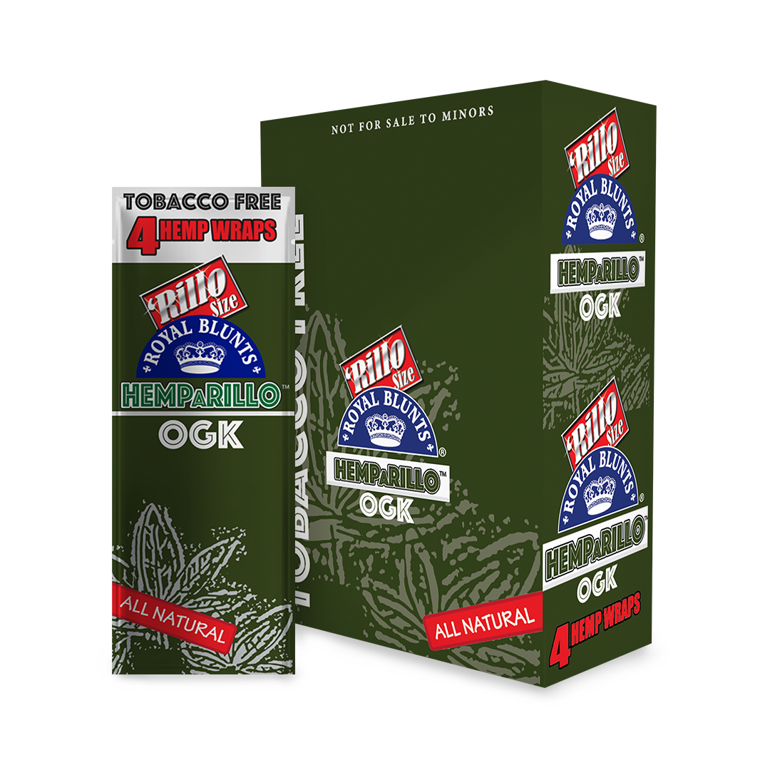 Hemparillo Wraps - OG Kush carton, featuring green packaging with brand logos, offering 15 packs of 100% hemp, slow-burning, tobacco-free wraps.