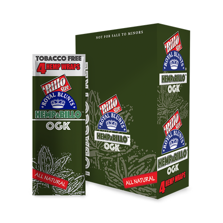 Hemparillo Wraps - OG Kush carton, featuring green packaging with brand logos, offering 15 packs of 100% hemp, slow-burning, tobacco-free wraps.