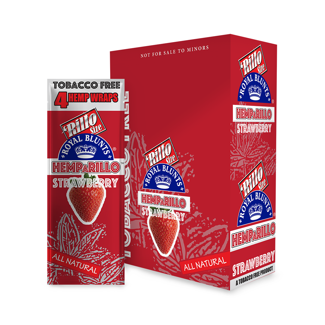 Hemparillo Wraps - Strawberry - Carton of 15, featuring natural hemp wraps with a sweet strawberry flavor, shown alongside a red strawberry juice can and related items.