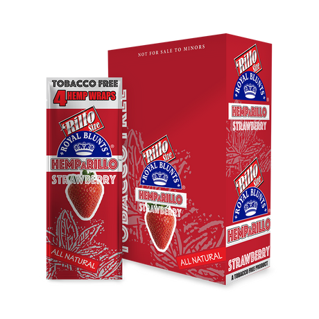 Hemparillo Wraps - Strawberry - Carton of 15, featuring natural hemp wraps with a sweet strawberry flavor, shown alongside a red strawberry juice can and related items.