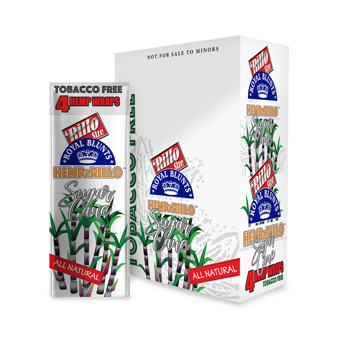 Hemparillo Wraps - Sugar Cane - Carton of 15, featuring a resealable pack with natural hemp wraps, visible box, and close-up of packaging detail.