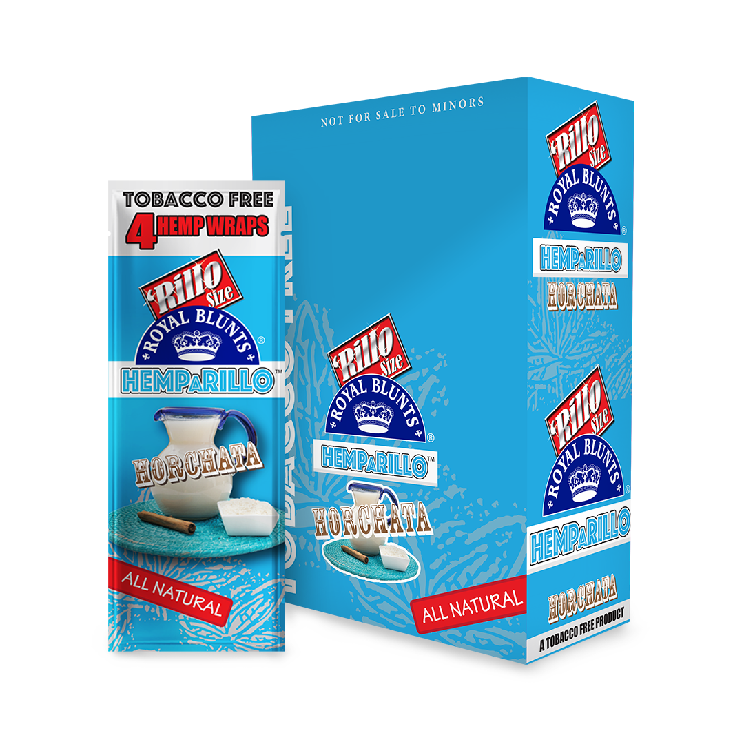 Hemparillo Wraps - Horchata - Carton of 15, featuring a blue and white package with a pitcher of milk, inspired by sweet, creamy horchata flavor.