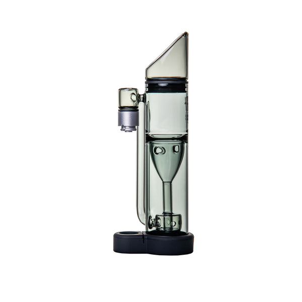 Ryan Fitt Pillar Pivot Top - Smoke: A sleek glass dab rig with a slanted mouthpiece, integrated percolator, side joint, and silicone base, designed for Puffco Pivot compatibility.