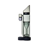 Ryan Fitt Pillar Pivot Top - Smoke: A sleek glass dab rig with a slanted mouthpiece, integrated percolator, side joint, and silicone base, designed for Puffco Pivot compatibility.