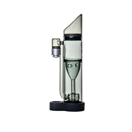 Ryan Fitt Pillar Pivot Top - Smoke: A sleek glass dab rig with a slanted mouthpiece, integrated percolator, side joint, and silicone base, designed for Puffco Pivot compatibility.