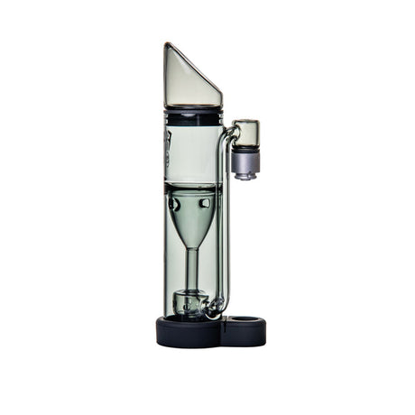 Ryan Fitt Pillar Pivot Top - Smoke: A compact glass dab rig with angled mouthpiece, percolator chamber, and side joint, sitting on a silicone base.