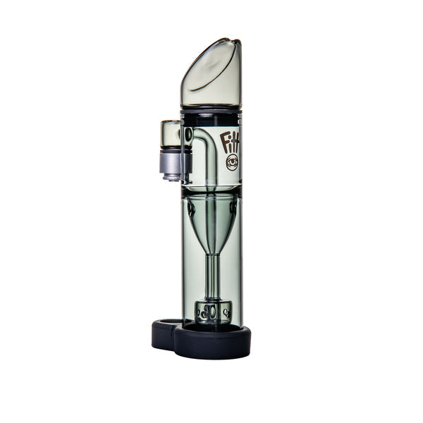 Ryan Fitt Pillar Pivot Top - Smoke: Compact glass water-pipe with angled mouthpiece, cone percolator chamber, side joint, and rubber base, designed for Puffco Pivot compatibility.