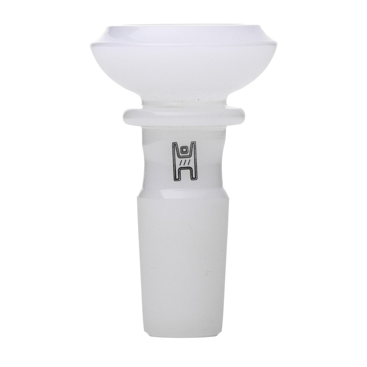Saucer Flower Bowl - 14mm: Compact white glass bowl with flared top and tapered joint, showcasing a sleek saucer design for water-pipe setups.