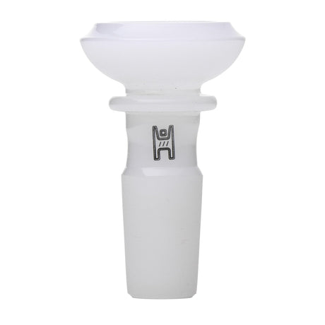 Saucer Flower Bowl - 14mm: Compact white glass bowl with flared top and tapered joint, showcasing a sleek saucer design for water-pipe setups.