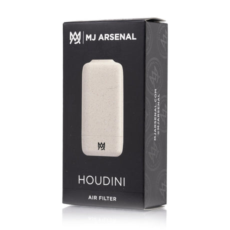 Houdini Smoke Filter retail packaging, featuring the MJ Arsenal logo, beige-speckled filter image, and product name HOUDINI AIR FILTER on a sleek black box.