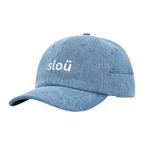 Blue Slou cap with a curved brim and embroidered white Slou logo, displayed against a white background