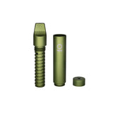 Aluminum Multi-Hitter w/ Cooling Spiral - Black, shown disassembled into mouthpiece, cylindrical body, and end cap, highlighting its compact, portable design for smooth, discreet use.