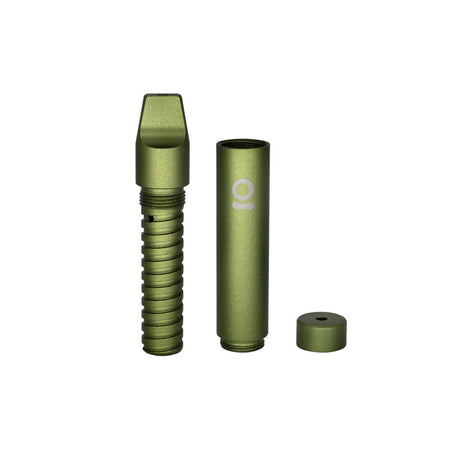Aluminum Multi-Hitter w/ Cooling Spiral - Black, shown disassembled into mouthpiece, cylindrical body, and end cap, highlighting its compact, portable design for smooth, discreet use.