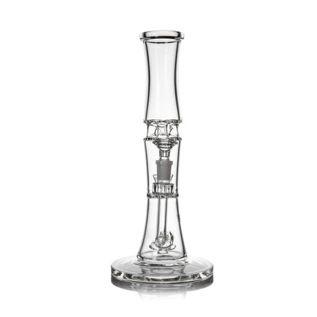 Spire - Clear: Transparent glass water pipe with cylindrical mouthpiece, dual percolators, and wide base, showcasing MJ Arsenal's handcrafted borosilicate glass engineering.