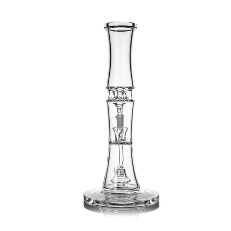 Spire - Clear: A sleek, transparent glass water pipe with multi-chamber filtration, featuring dual percolators and a splash guard, designed for enhanced smoke cooling.