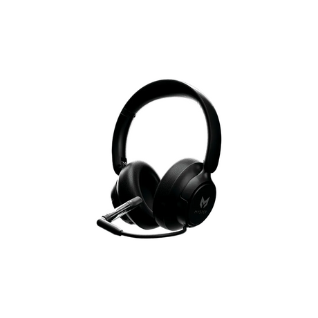 PUFF MUFFS Gaming Headset: Black over-ear design with padded ear cups, adjustable headband, fold-away mic, and M logo for immersive audio experiences.