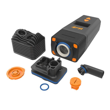 VENTY Dry Herb Vaporizer with black and orange parts, featuring adjustable airflow, fast heat-up, and Bluetooth connectivity, ideal for innovative vaping experiences.