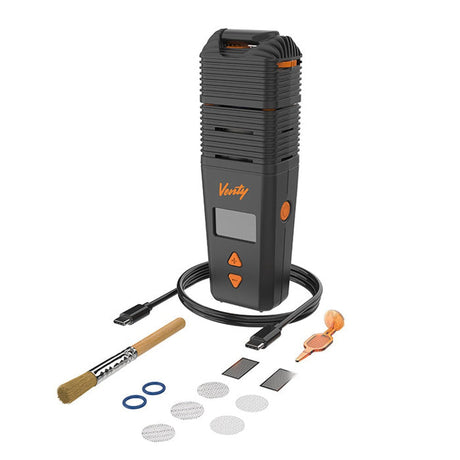 VENTY Dry Herb Vaporizer with a cord, brush, and black and orange design, featuring adjustable airflow and rapid heat-up for superior vaping experience.
