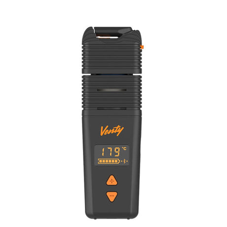 VENTY Dry Herb Vaporizer features a sleek black design with orange buttons, offering adjustable airflow and rapid heat-up for efficient, flavorful vapor production.