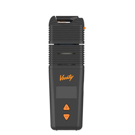 VENTY Dry Herb Vaporizer, a black rectangular device with orange text, featuring a yellow triangle, designed for superior vapor performance and innovation.