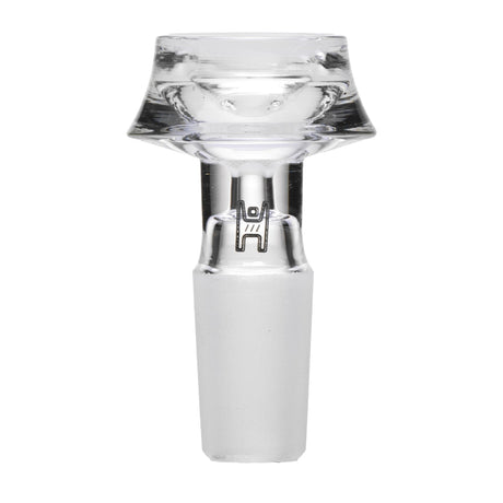 Cauldron Flower Bowl - 14mm: A clear borosilicate glass bowl with frosted joint, featuring a small etched logo, designed for secure fit and airflow in water pipes.