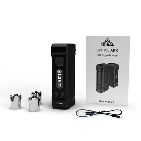 Uni Pro ARK Digital Box Mod 510 Thread Battery with USB-C charging, adjustable voltage, and OLED display, accompanied by its box and charging cord.