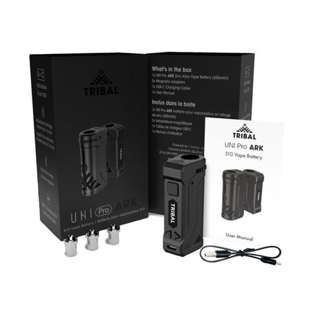 Uni Pro ARK Digital Box Mod 510 Thread Battery with OLED display, USB-C charging, and adjustable voltage, featuring a metal body and magnetic 510 thread adapters.