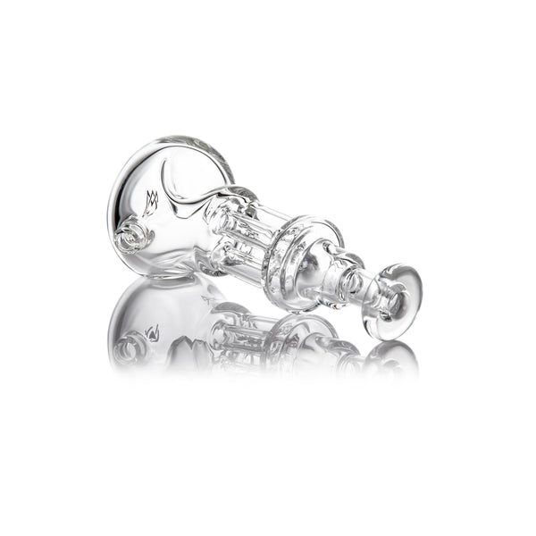 Tetra - Clear borosilicate glass smoking rig with internal percolator, sleek four-column design by MJ Arsenal, featuring a bulbous water chamber and left-side carb.