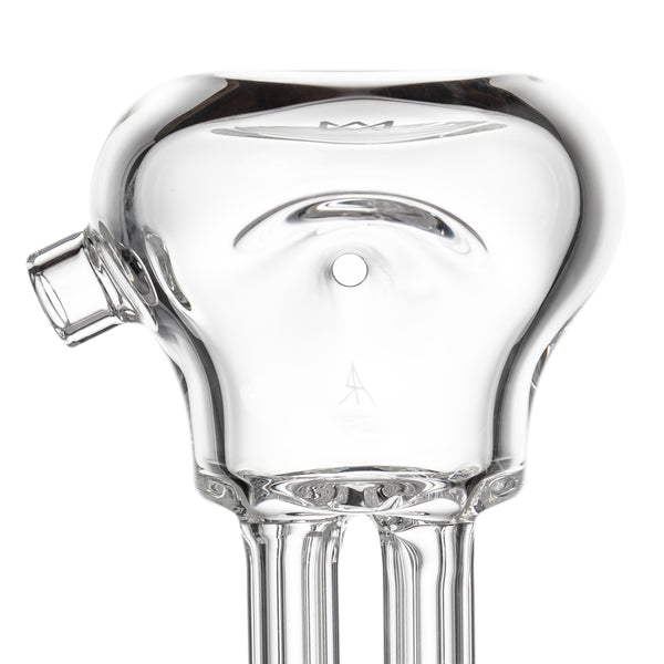 Tetra - Clear: A borosilicate glass ash-catcher with a triple downstem, side joint, carb hole, and ice-catch pinch for enhanced filtration.