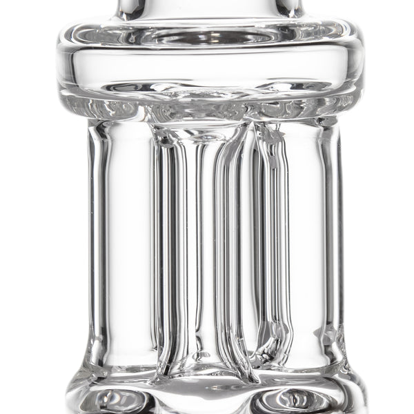 Tetra - Clear: Close-up of a glass tree percolator chamber with vertical down-stems, showcasing the sleek four-column design of the MJ Arsenal Tetra Hand Pipe.