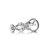 Tetra - Clear: A compact, transparent glass hand pipe with a rounded chamber, narrow mouthpiece, and distinctive four-column design, crafted from durable borosilicate glass.
