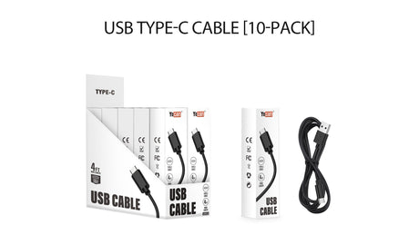 USB Type-C Cable - Carton of 10: Display box with ten 4ft YoCan cables, individual boxed cable, and one loose cable, ideal for fast, reliable charging.