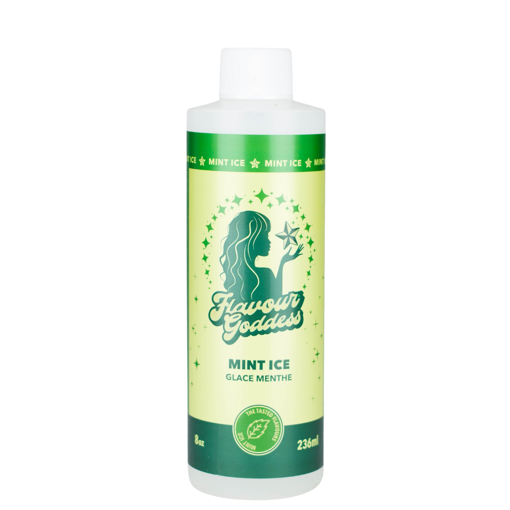 Bong Water Enhancer - 8oz bottle labeled Mint Ice / Glace Menthe, featuring Flavour Goddess logo and stars, used to enhance bong flavor and smoothness.