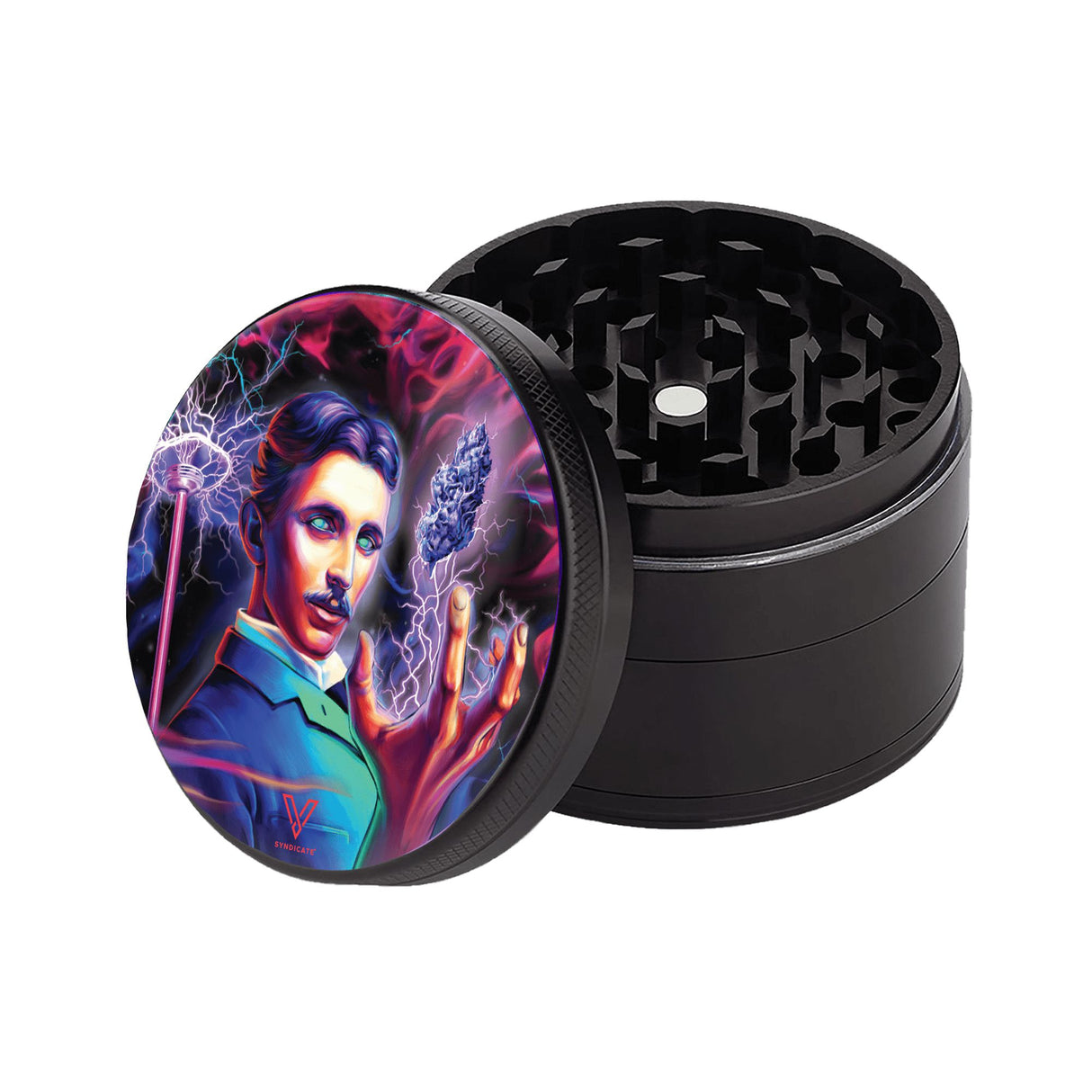 4pcs Metal 2.2 Sharp Shred Grinder featuring a man's image, innovative design for efficient herb grinding, with sharp teeth and durable pollen screen.