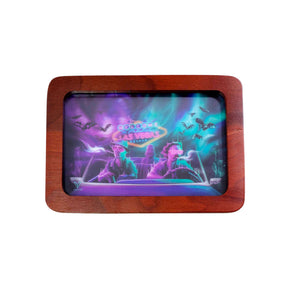High-Def (3D) Rolling Tray - Bat Country features a wooden frame with a 3D holographic car scene, enhancing your smoking experience with artistic flair.