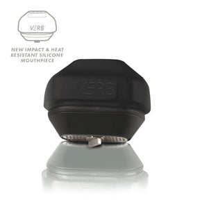 Dry Herb Vape Mouthpiece: Black silicone cap embossed with VERB, fits RYOT VERB DHV Vaporizer. Includes schematic and marketing call-out for impact and heat resistance.