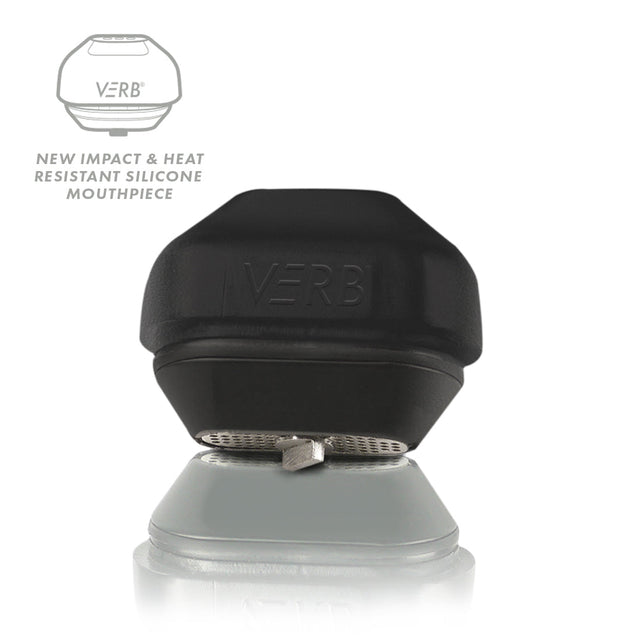 Dry Herb Vape Mouthpiece: Black silicone cap embossed with VERB, fits RYOT VERB DHV Vaporizer. Includes schematic and marketing call-out for impact and heat resistance.