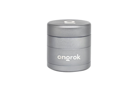 Mini EZ Grinder - 55mm, silver/gray, cylindrical, three-piece with ongrok branding; features a magnetic lid and deep storage chambers for herbs.